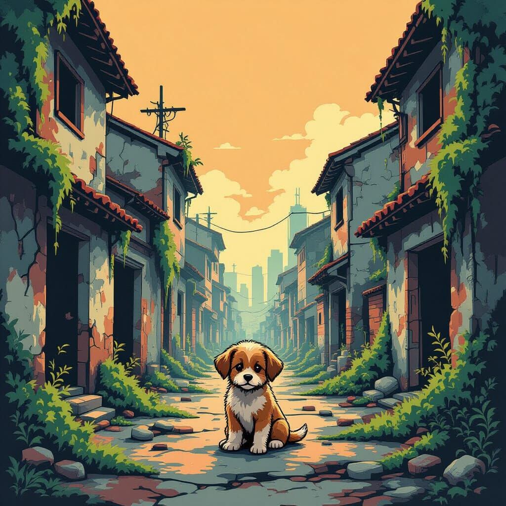 Scruffy Puppy in Post-Apocalyptic Ruins, Japanese Woodblock ...
