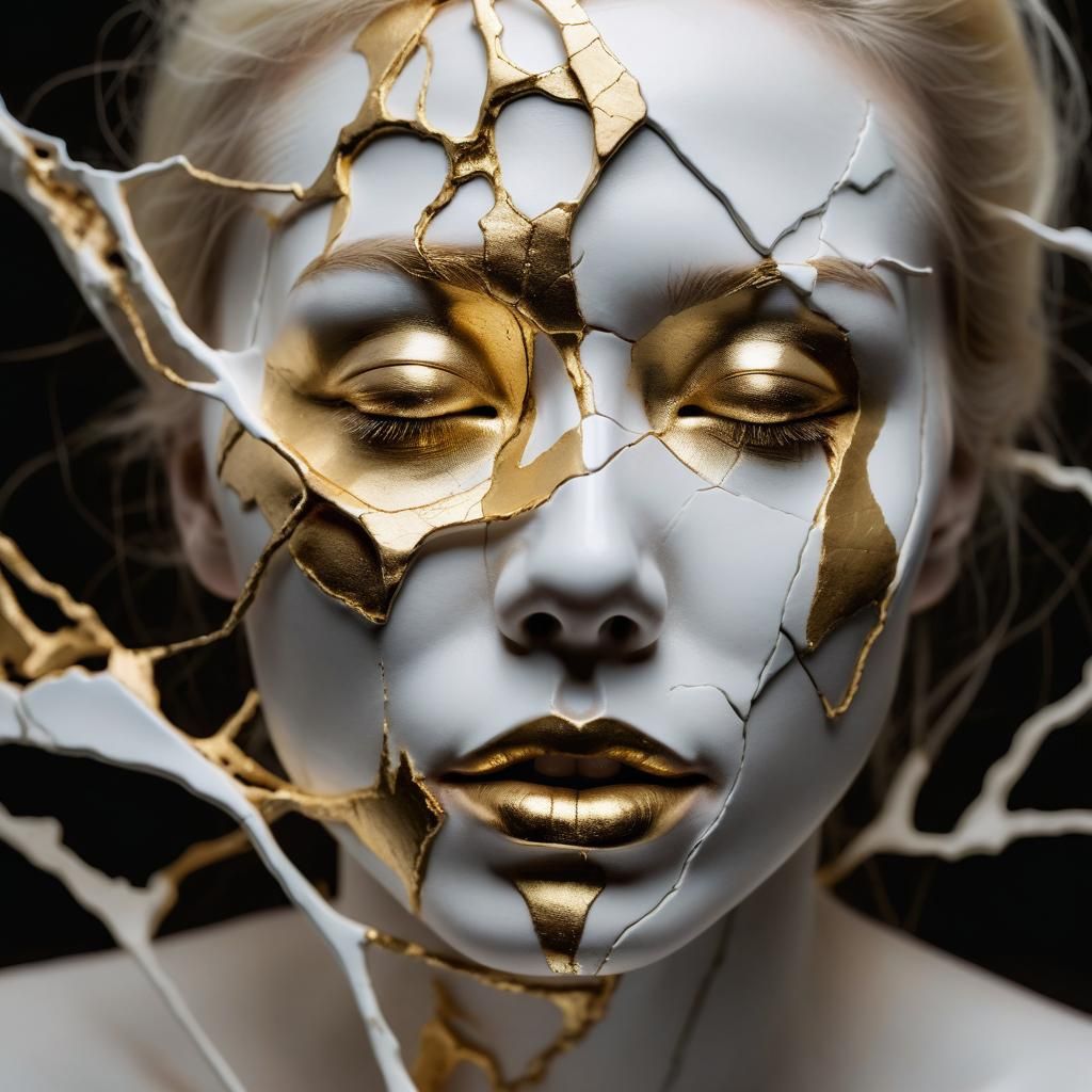 Cracked Porcelain Woman in Kintsugi Art Style