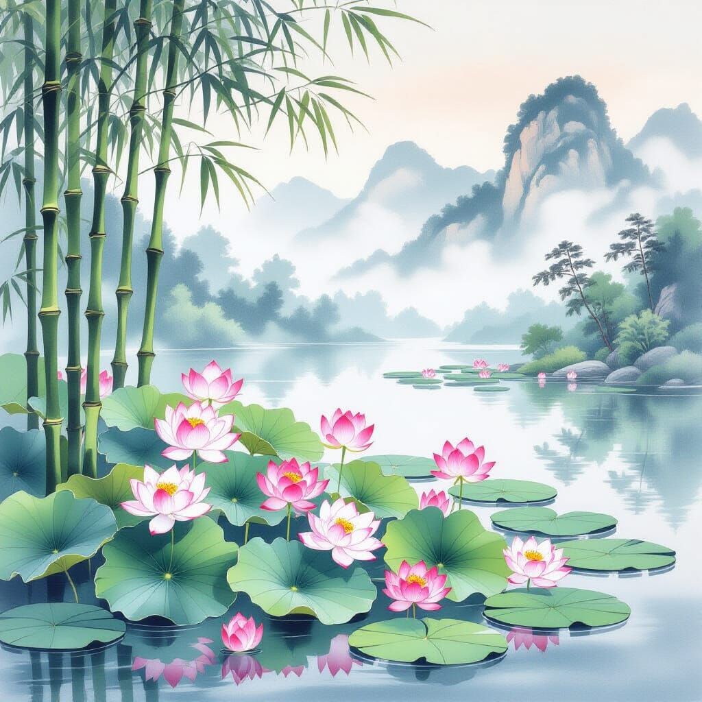 Tranquil East Asian Bamboo and Lotus Landscape in Watercolor...