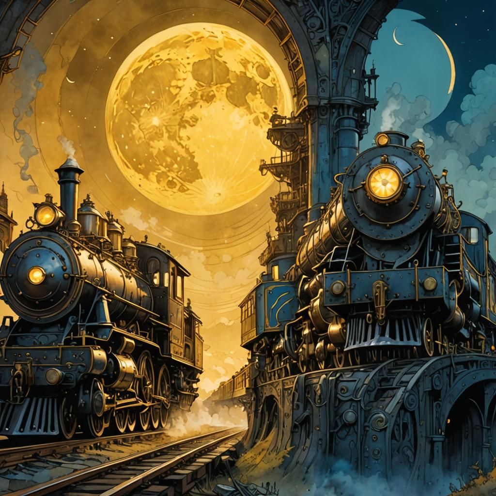 Extreme Closeup shot of metallic steampunk steam train with giant crescent moon, yello...