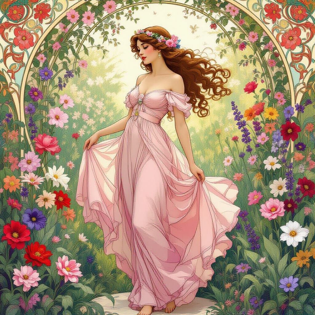 Iris in Floral Garden, Art Nouveau Style