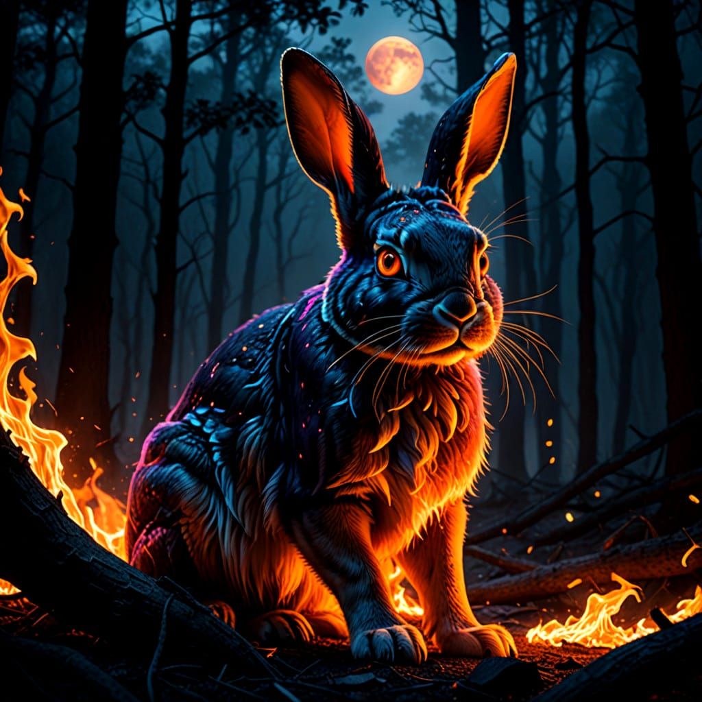 Hyper-Realistic Fire Rabbit Ignites a Cinematic Nighttime Sc...
