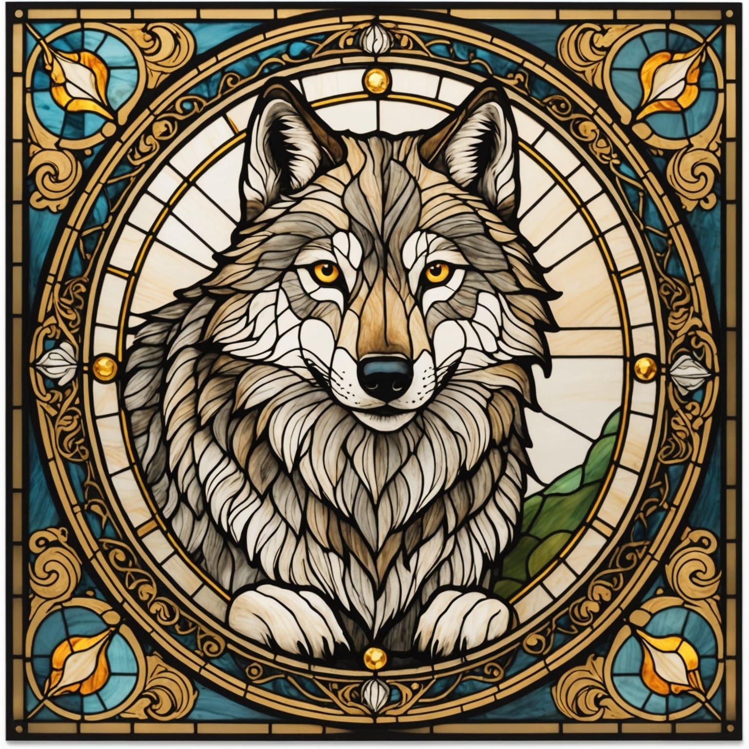 Stained Glass Adorable Wolf with Gold Border