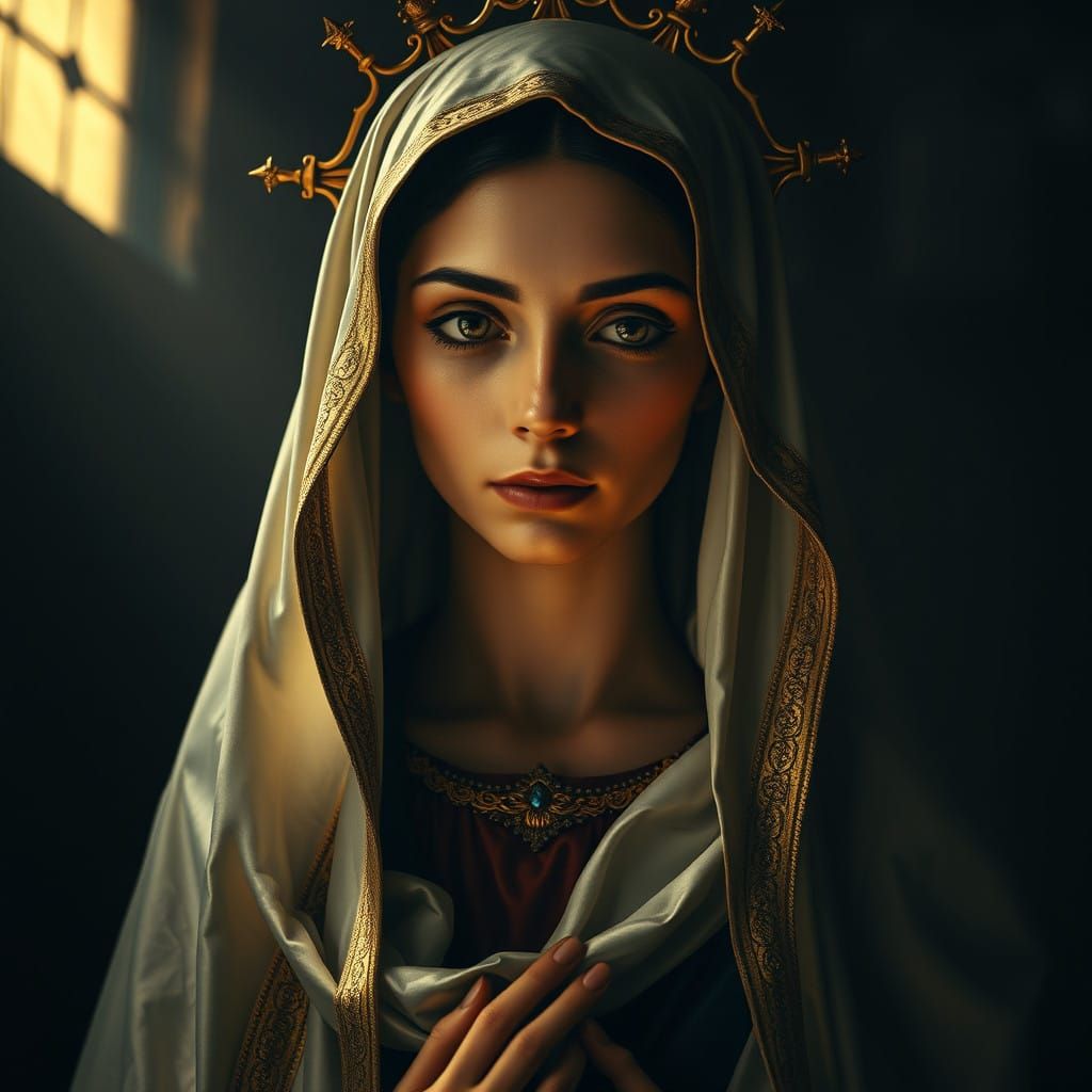 Majestic Depiction of Nossa Senhora in Cinematic, High-Contr...