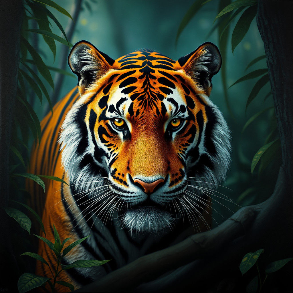 Intense Tiger Portrait in Rainforest, Oil on Canvas