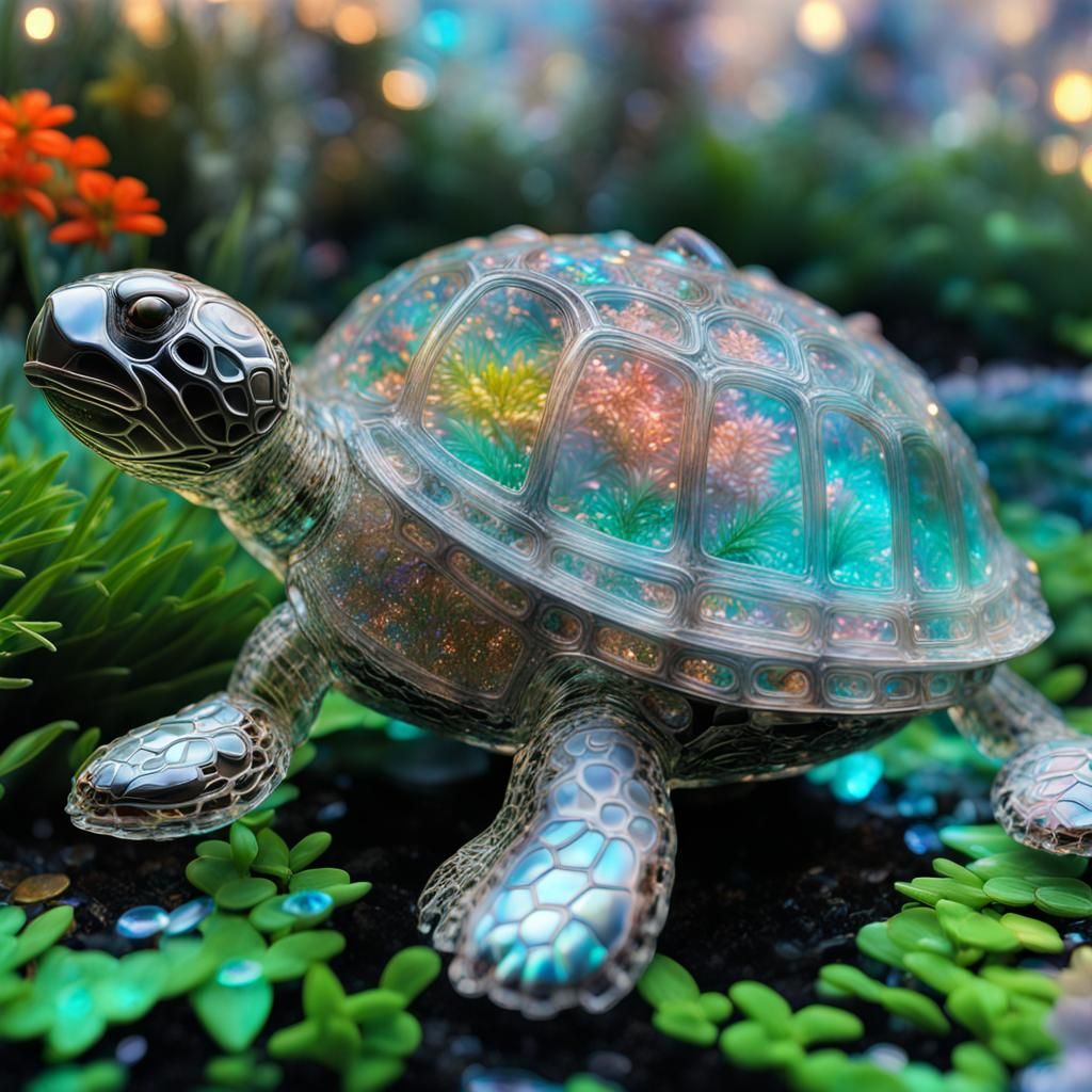 Bioluminescent Turtle Shell Crystal Sculpture in Graffiti Ar...