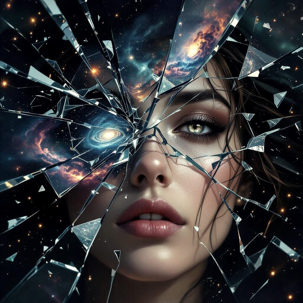Surreal Woman Portrait With Cosmic Glass Shards