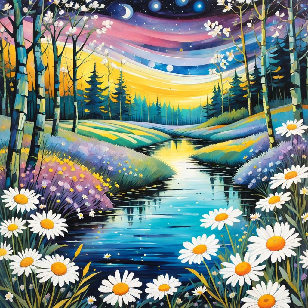 Enchanted Forest with Daisies and Cosmic Sky