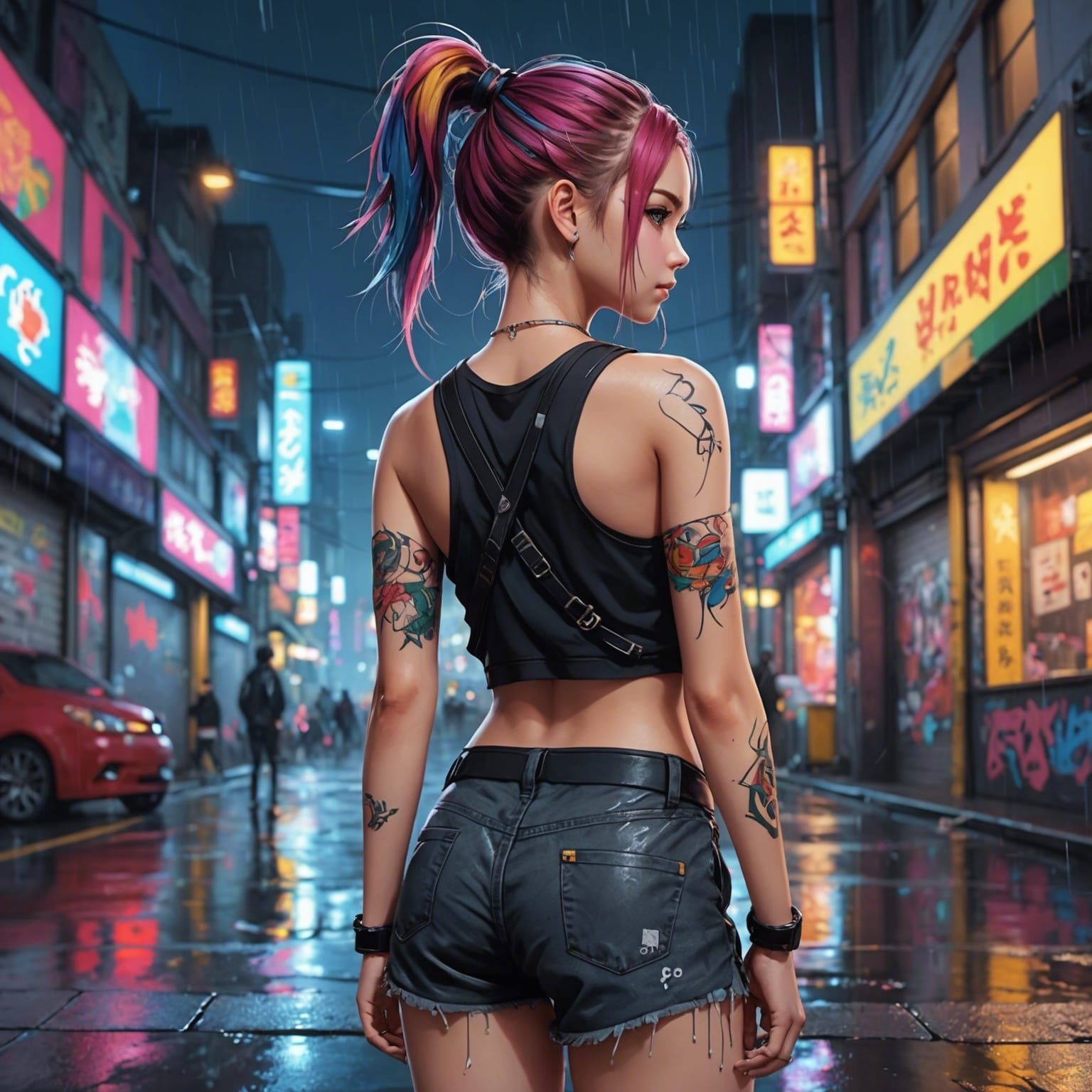 Anime Girl in Rainy Cityscape with Graffiti
