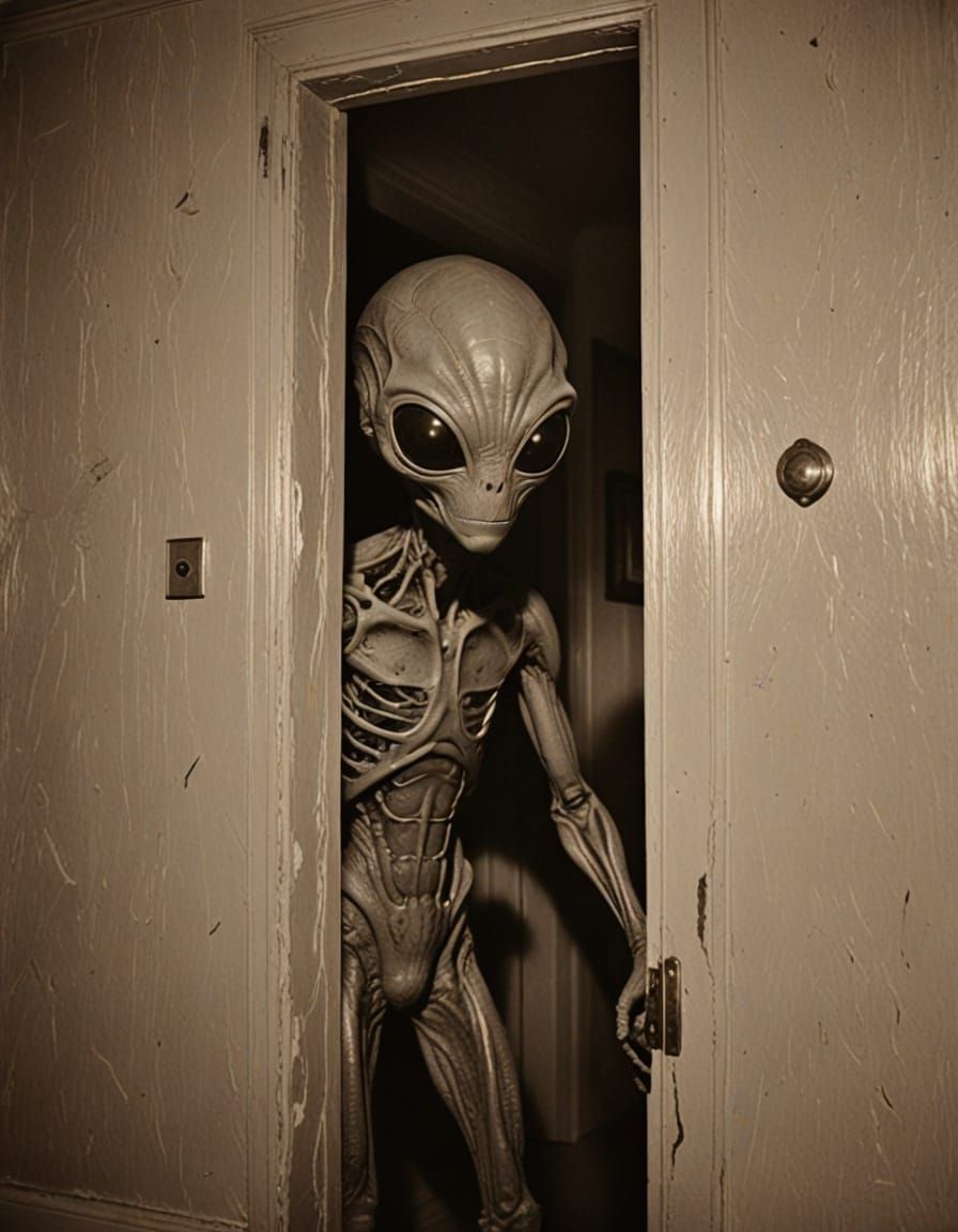 Vintage Alien Peeking into Bedroom