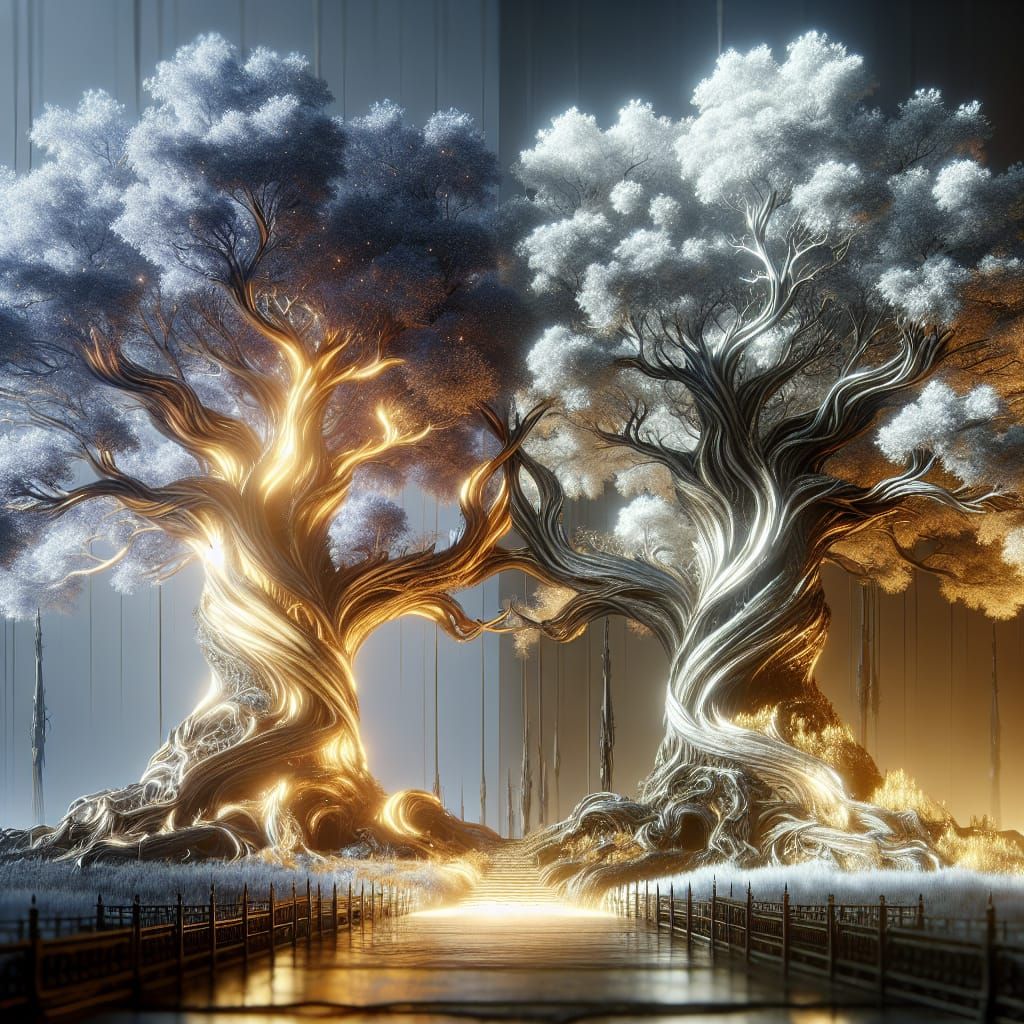 Luminous Golden and Silver Trees in Fantasy Landscape
