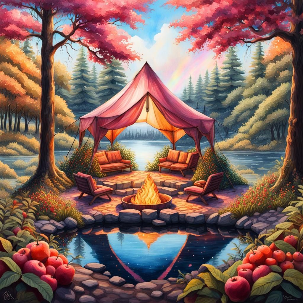 Pink Tent in a Rainbow Forest Watercolor