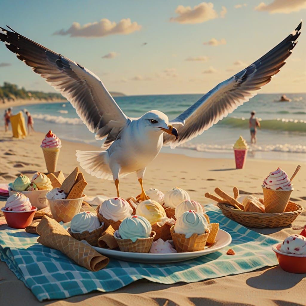 Seagull Stealing Ice Cream: Vibrant Oil Painting