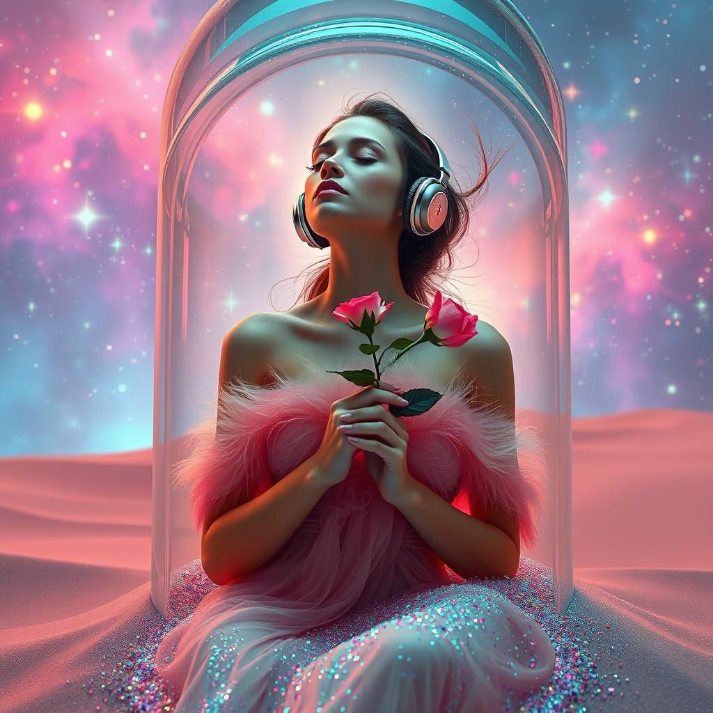 Ethereal Woman in Time Capsule: Hyper-Realistic Digital Art