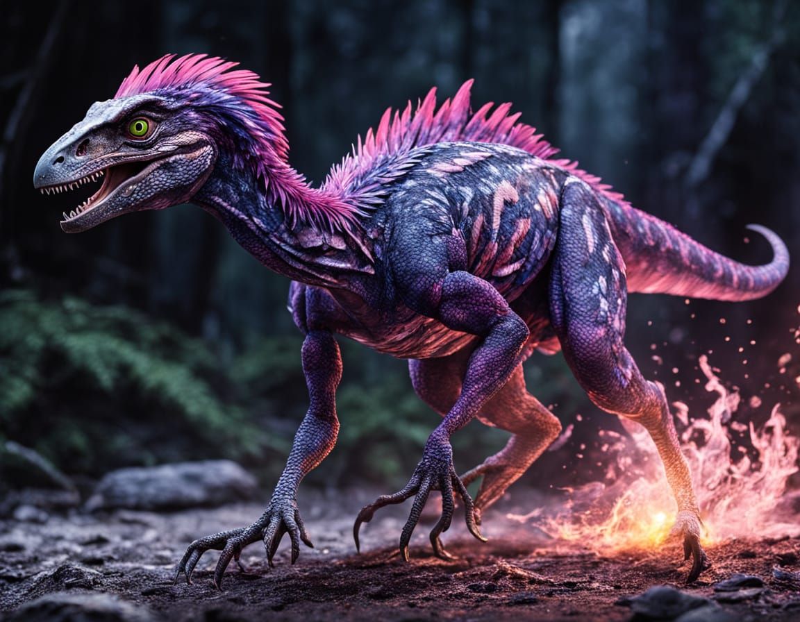 Iridescent Velociraptor Hunting Dodo in Mystical Landscape