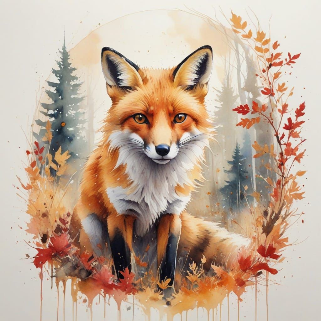 Surreal Red Fox in Amber Autumn Landscape