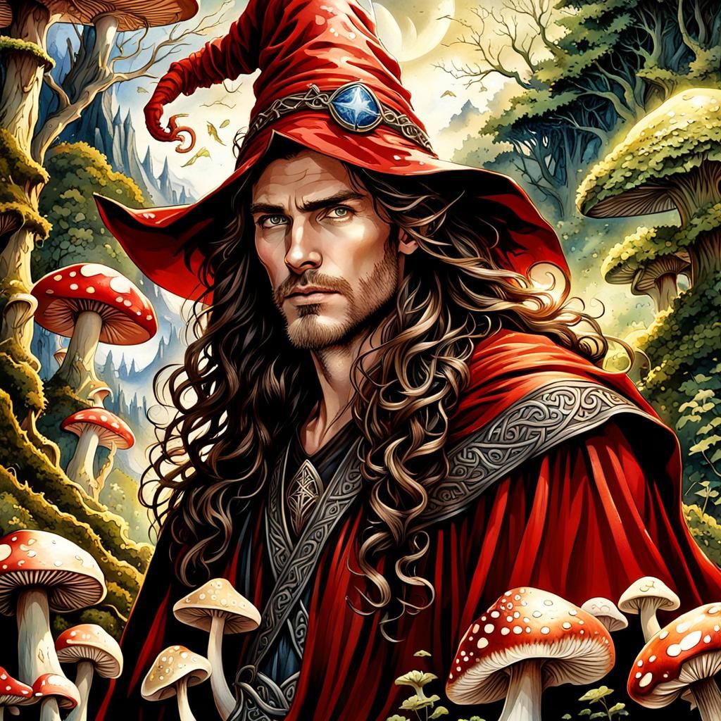 Watercolor Wizard in Gothic Forest Landscape