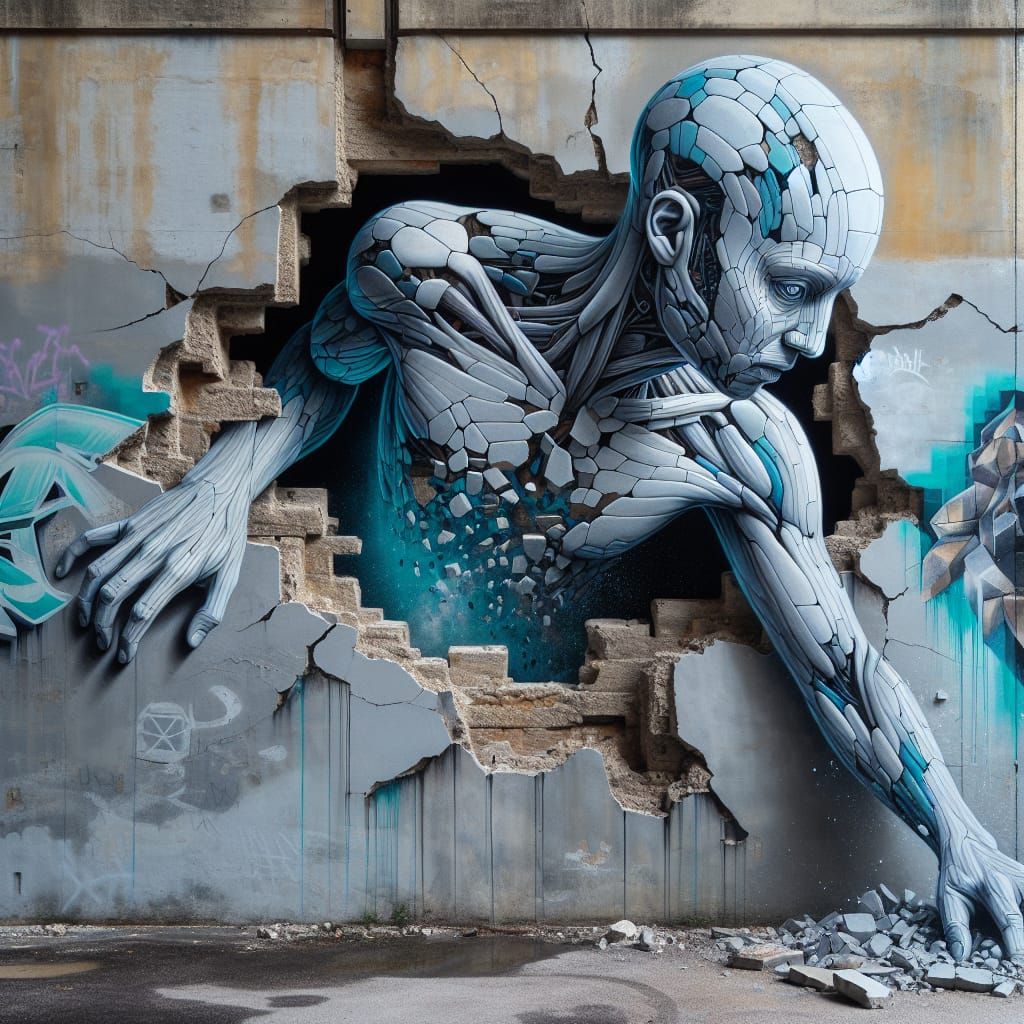 Pearlescent Humanoids Emerge from Concrete Graffiti Art