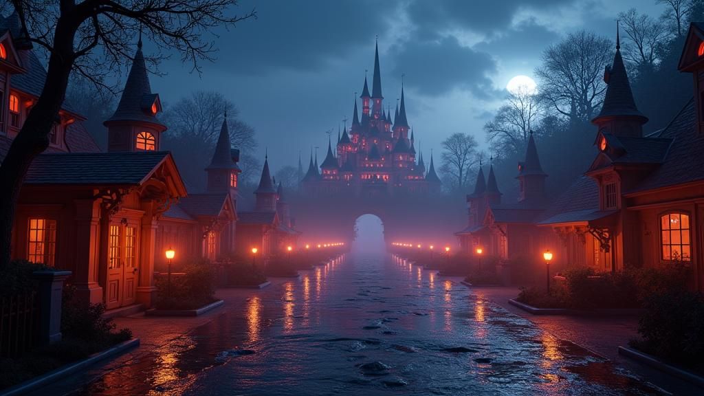 Eerie Disneyland Night Landscape in Matte Painting Style
