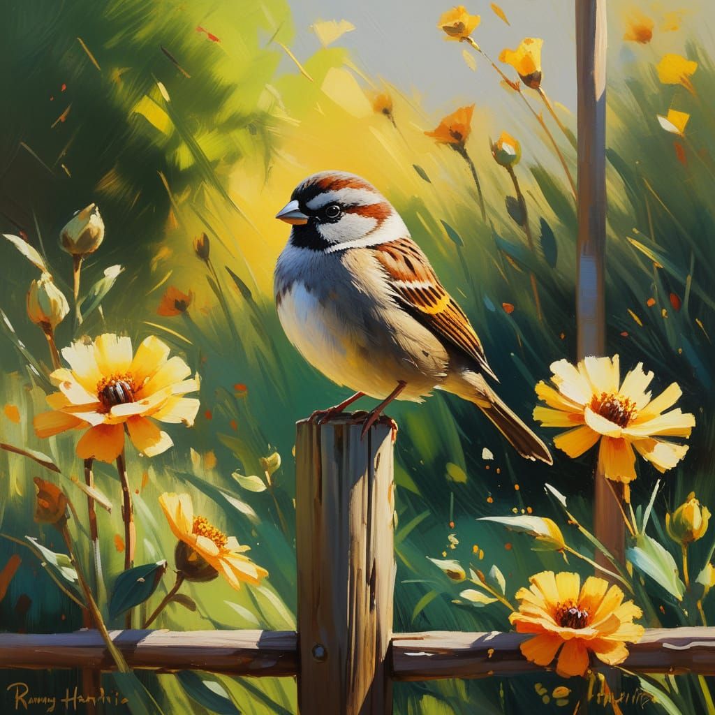 Sparrow on Wooden Pole: Impressionistic Oil Painting