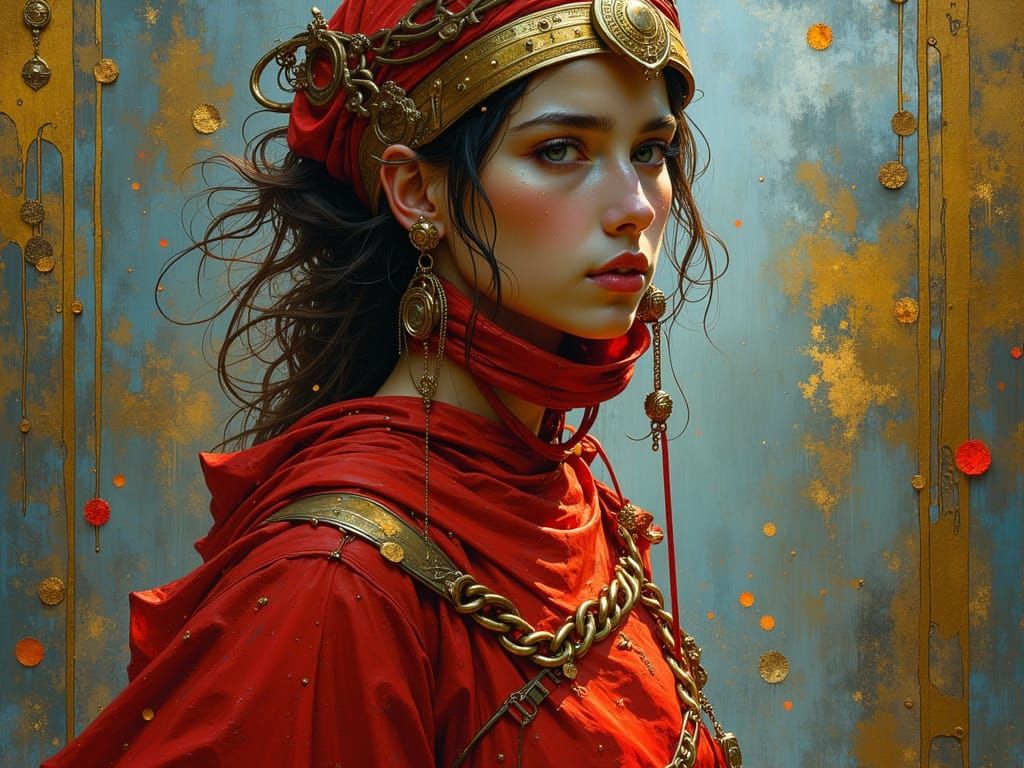 Female Gladiator in Space, Art Nouveau and Dark Oil Style