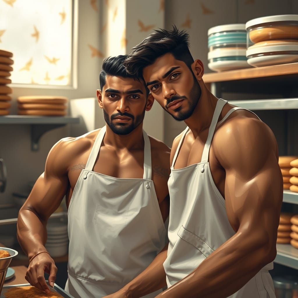 Muscular Bakers in a Cozy Bakery, Digital Painting