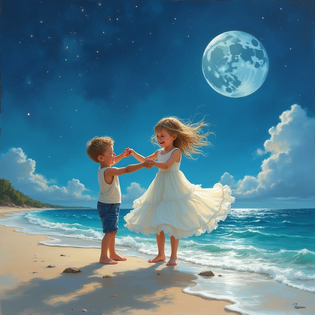 Whimsical Moonlit Beach Scene in Romantic Impressionist Styl...