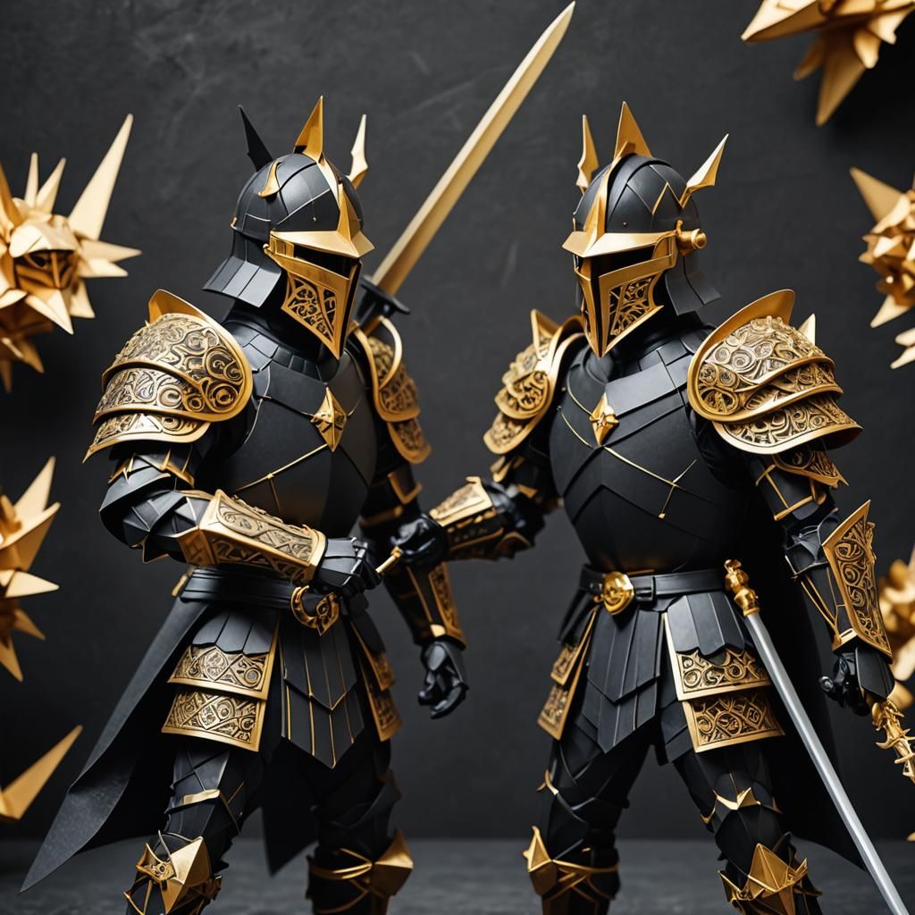 Knights in Origami Armor Battle with Mythical Weapons