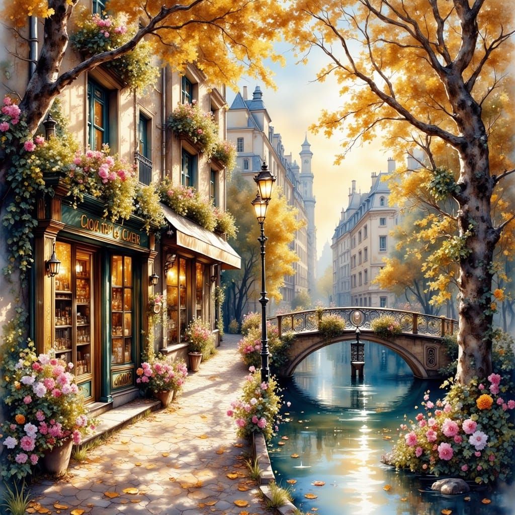 Romantic Paris Townscape as Watercolor Painting