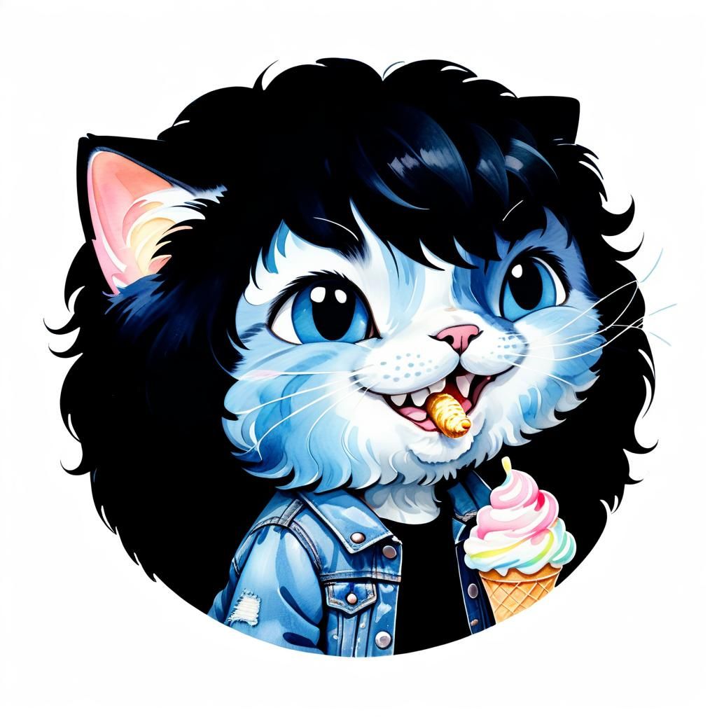 Laughing Blue Cartoon Cat Eating Ice Cream, Watercolor