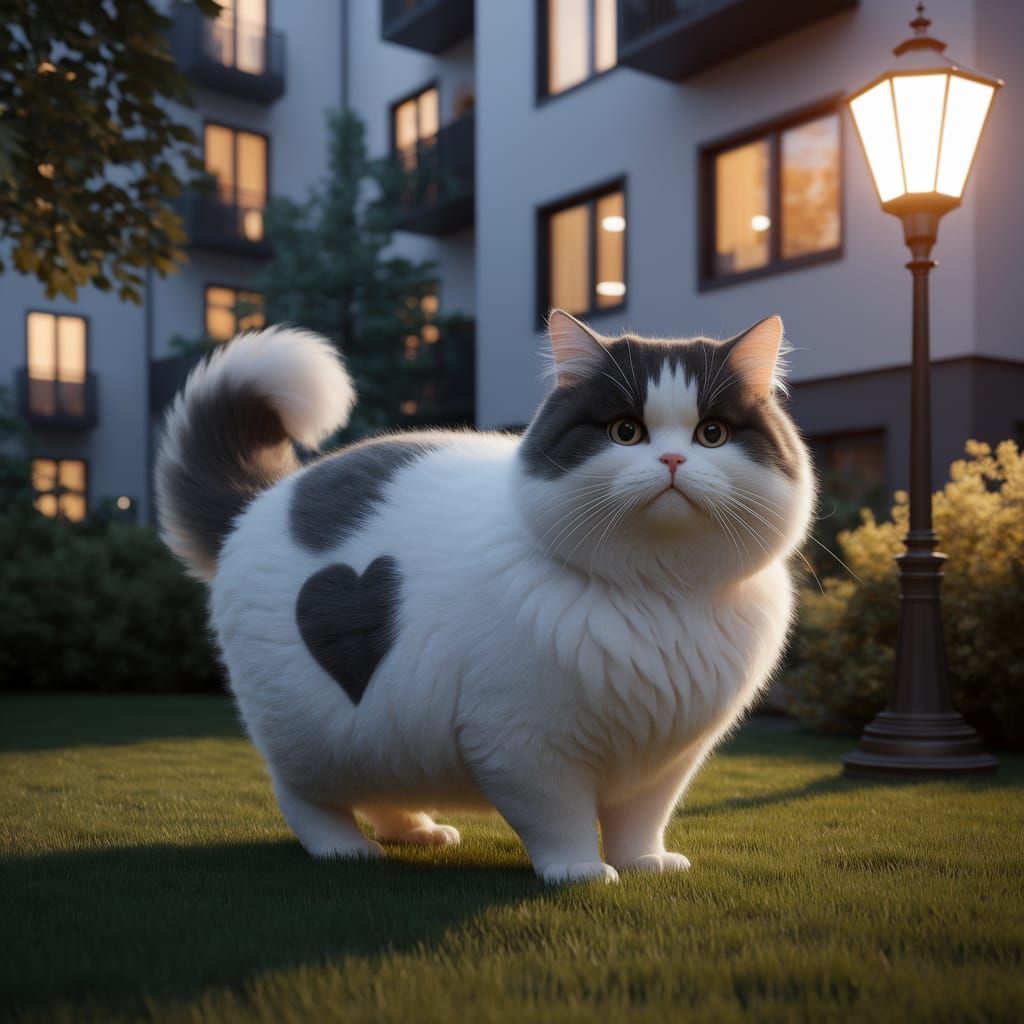 Charming Feline by Streetlamp, Whimsical Nighttime Scene