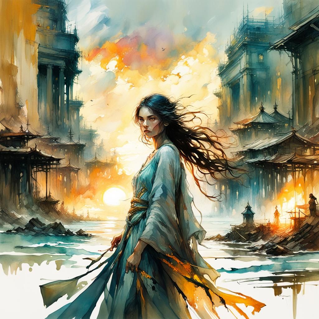 Vibrant Digital Watercolor Summerscape Sunset Illustration