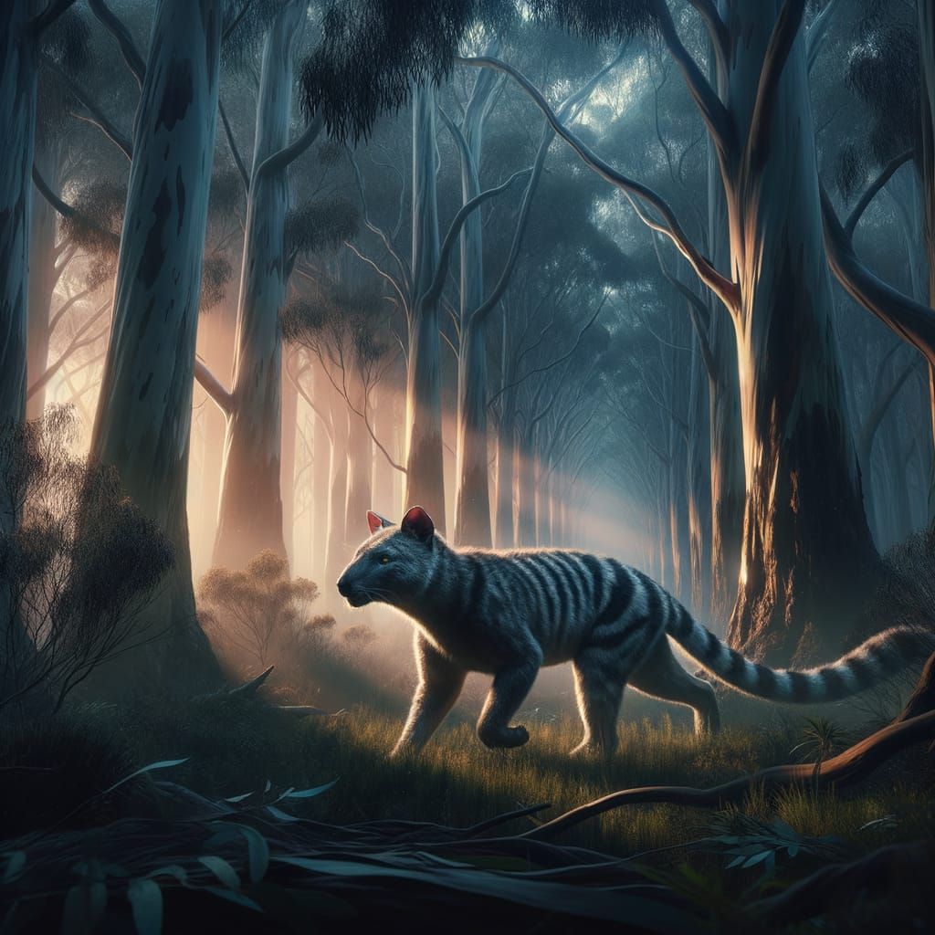 Thylacine Prowls Eucalyptus Forest: Matte Painting Style
