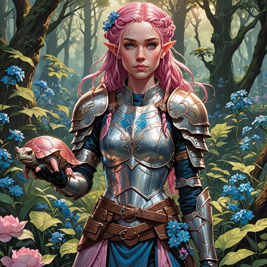 Armored Elf with Turtle in Summer Forest