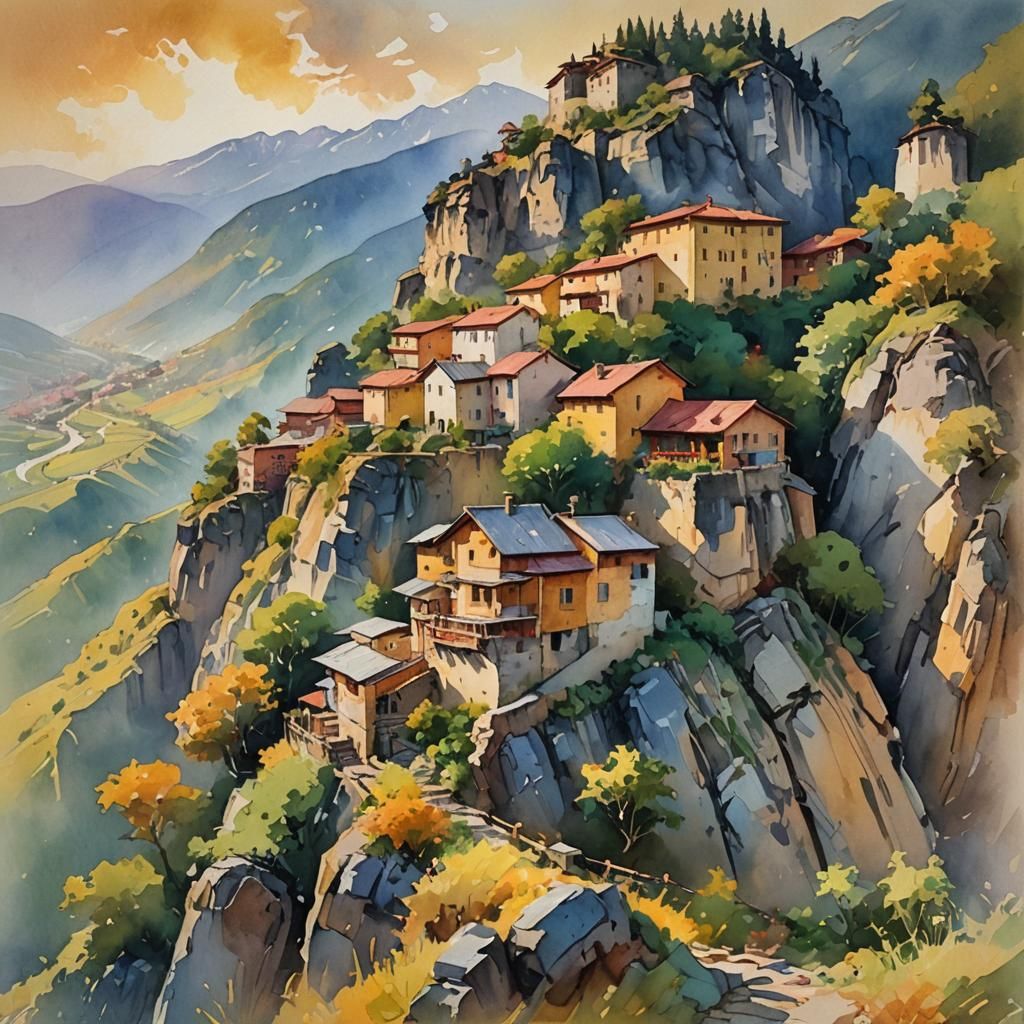 Impressionist Village on Mountain in Gouache