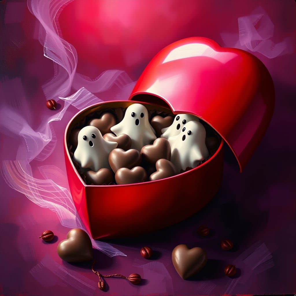 Heart Box With Ghost Chocolates In Surreal Oil Painting Styl...