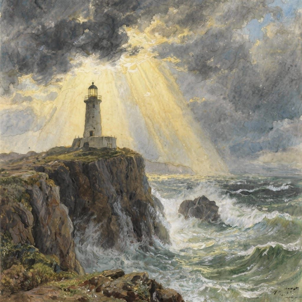Lighthouse on Rugged Cliff Amidst Stormy Sea