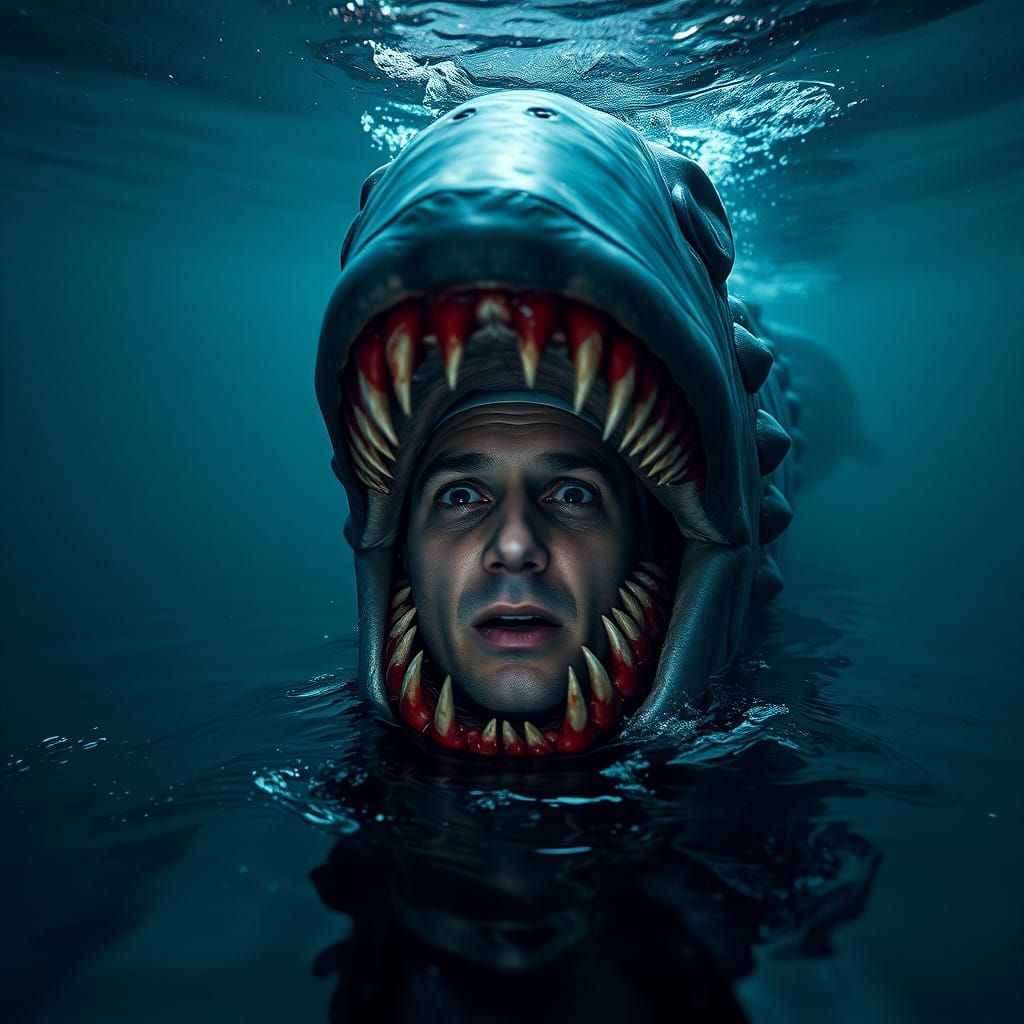 Underwater Nightmare of a Terrified Swimmer Confronting a Lo...