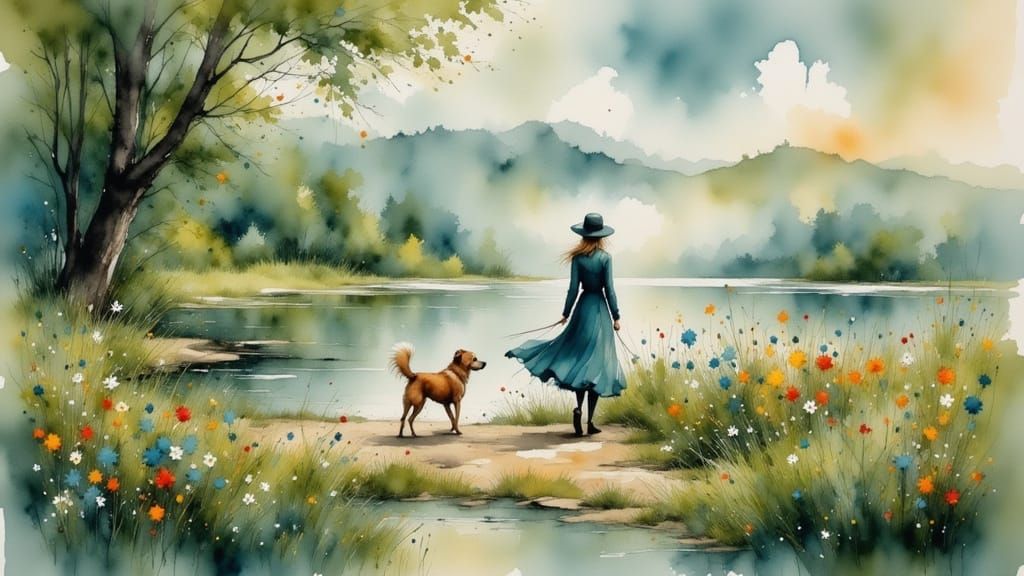 Impressionistic Lakeside Walk with Dog