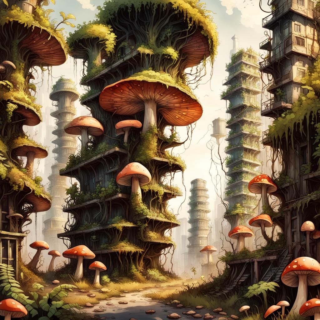 Post-Apocalyptic City Overgrown with Fungi