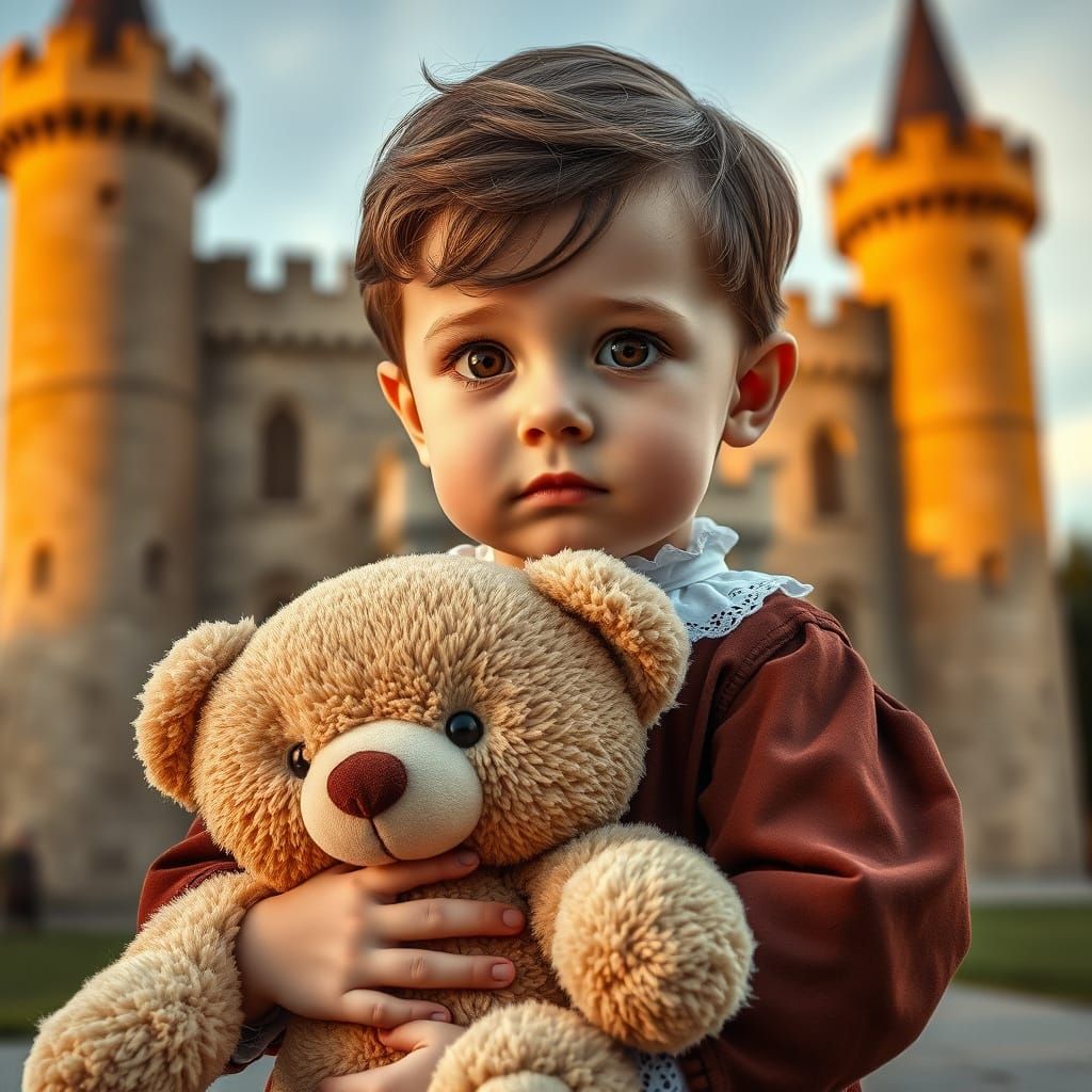 Shy Toddler Boy with Teddy Bear Before Castle