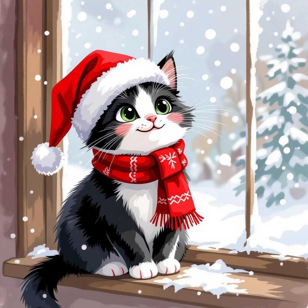 Joyful Tuxedo Cat in Santa Hat Watching Snowfall