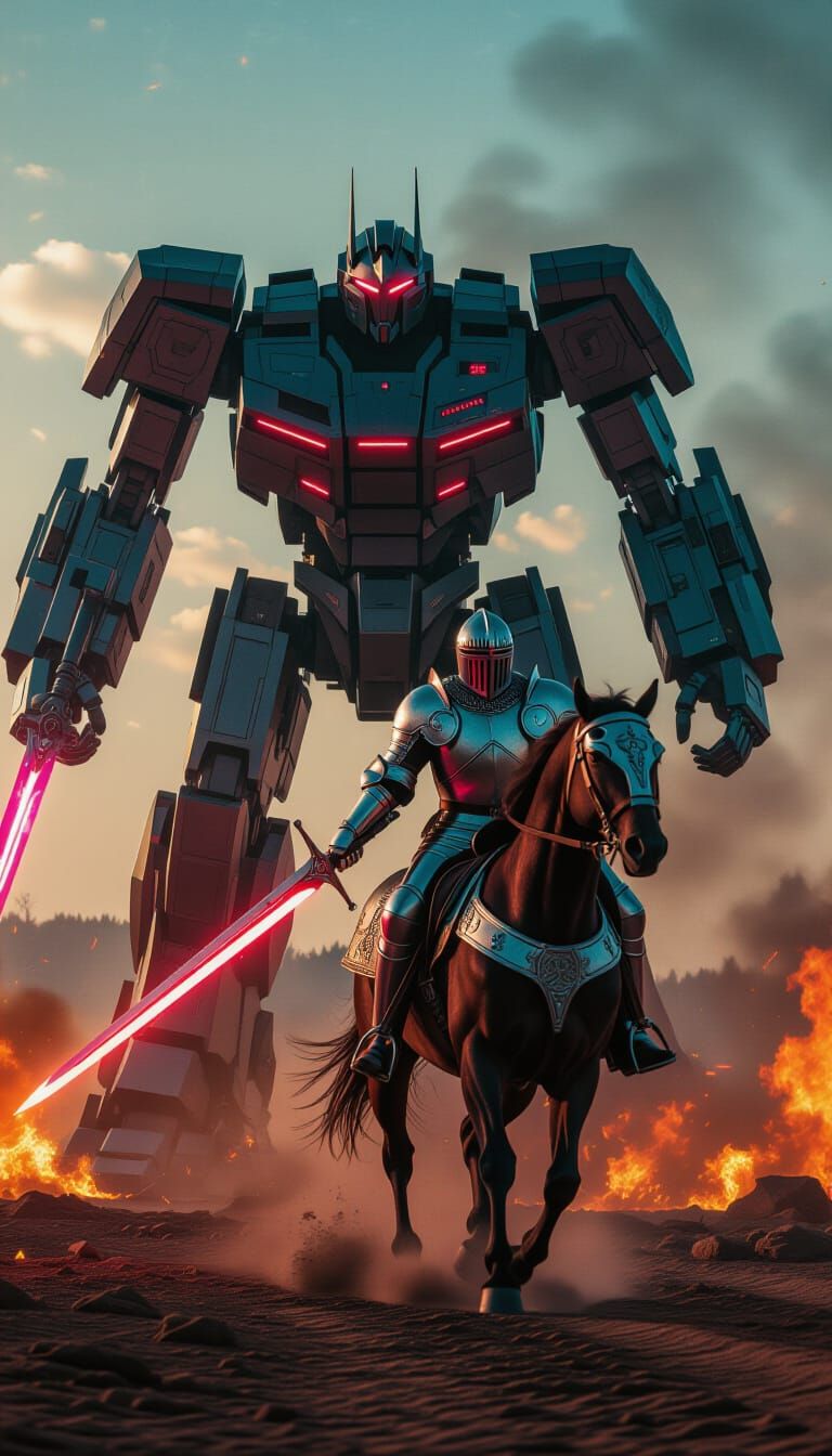 Knight and Robot Battle in Fiery, Neon Battlefield