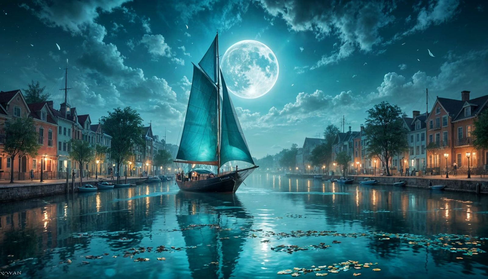 Sailboat with Moonlight Sails Drifting on City Canal