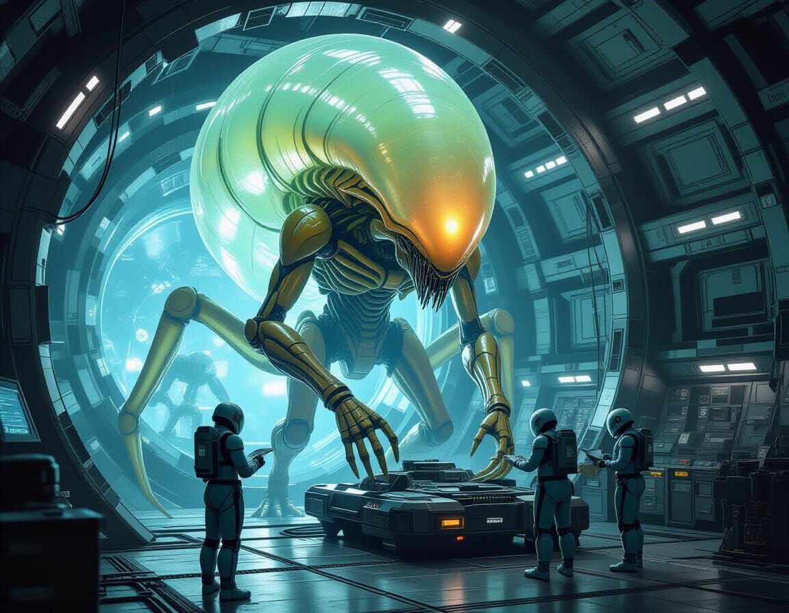 Alien Mechanic Fixing Mechs in Spaceship Hangar