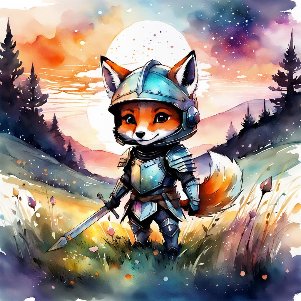 Chibi Fox Knight in Armor Watercolor Illustration