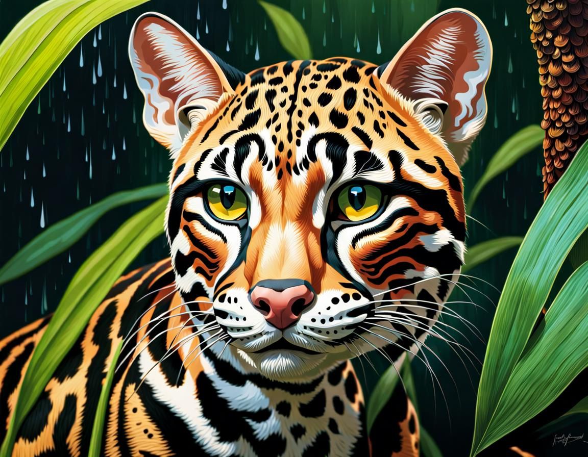 Ocelot in Rainforest Canopy: Hyperrealistic Splash Art