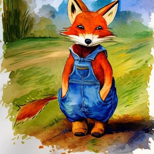 Fox in Overalls: Watercolor Illustration