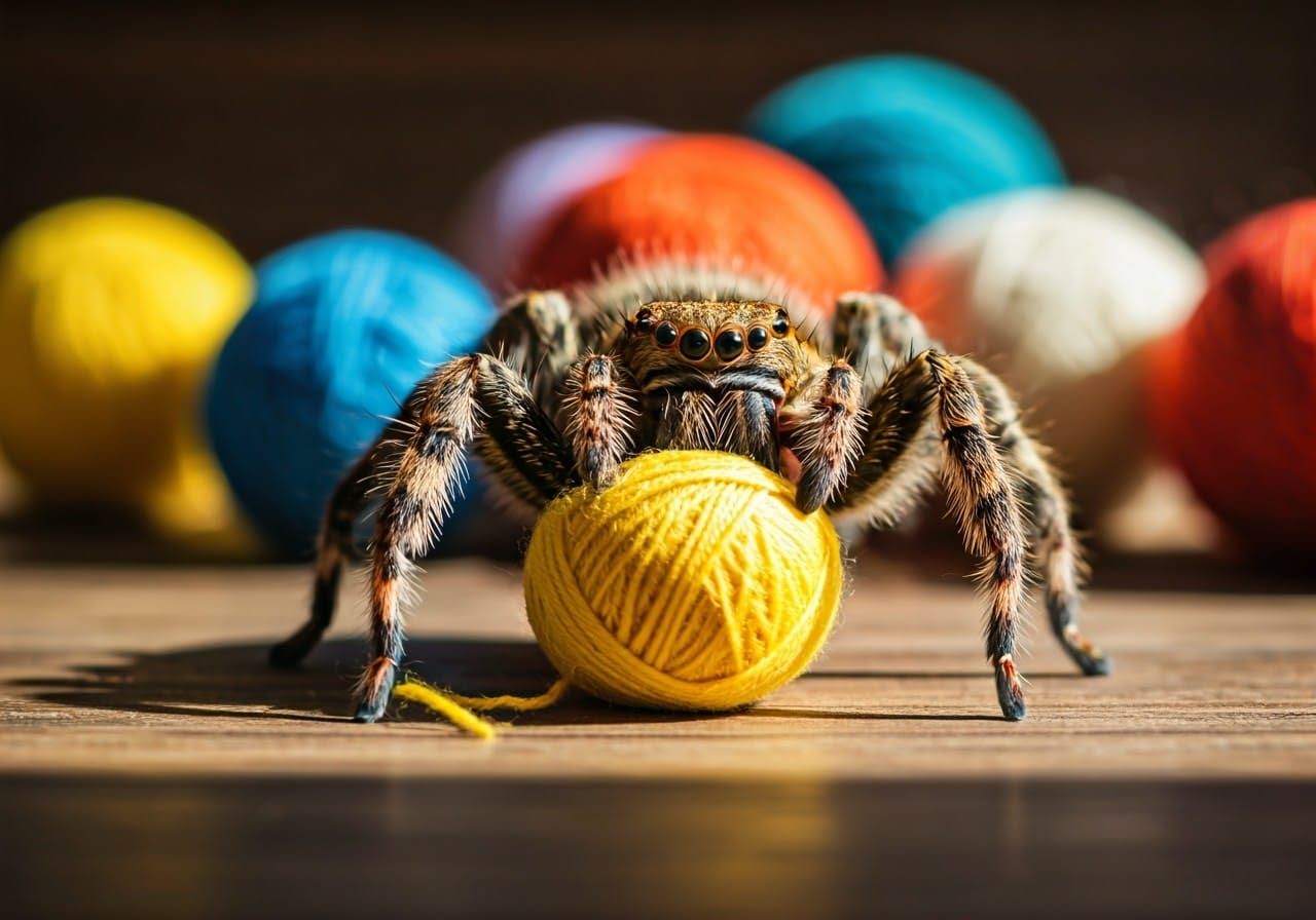 Charming Brown Spider Surrounded by Multicoloured Wool
