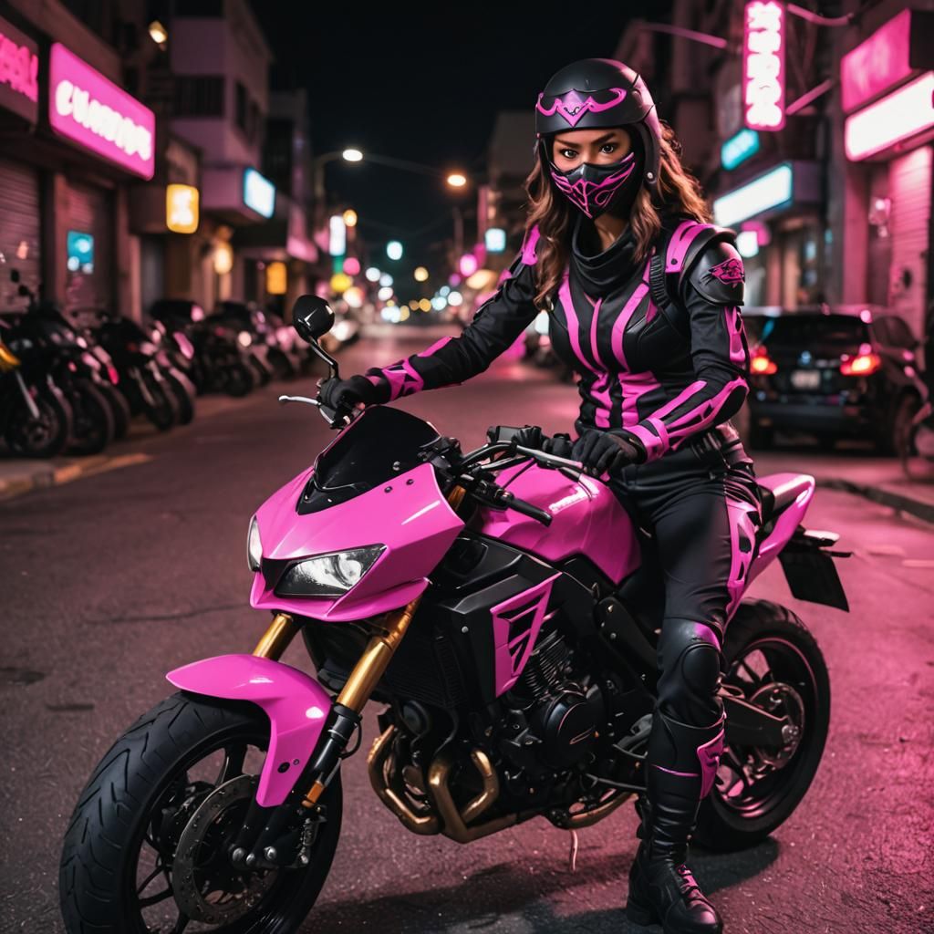 Ninja Woman on Motorcycle at Night